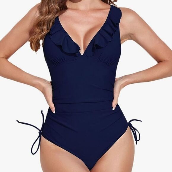 None Other - Women's Royal Blue Ruffled Trim V-Neck Side Tie 1 Piece Swim Suit - Size L - NWT